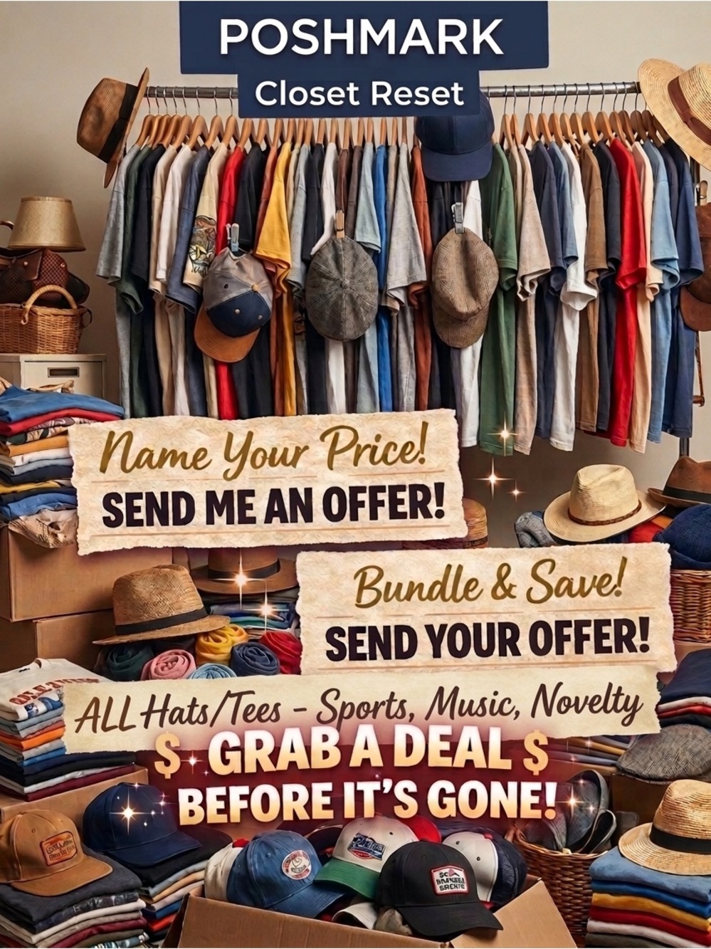 Closet Inventory Reset - All Hats & Tees - Sports, music, and Novelty - Bundle